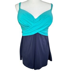 SWIMSUITS FOR ALL Women's 38D Turquoise Navy Blue Twist Front Tankini Top Padded